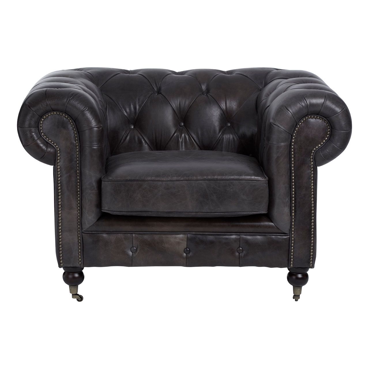 Dark Grey Leather Button Back Armchair